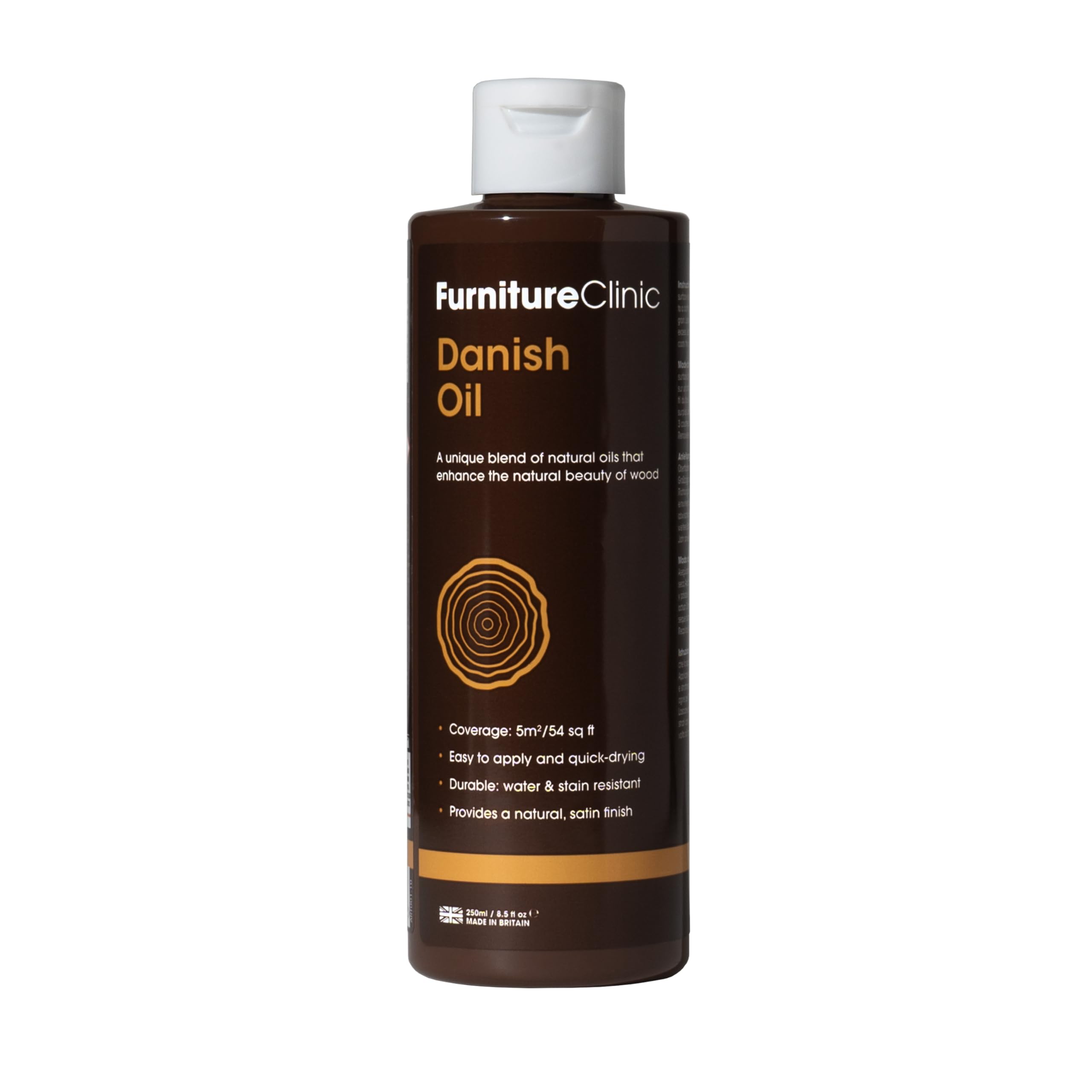 Furniture Clinic Danish Oil | Wood Care for Interior & Exterior Furniture | Restore, Seal & Protect Oak, Pine, Teak & More | Non-Toxic Natural Satin Finish | Repels Water, Stains, & Dirt | 8.5oz/250ml