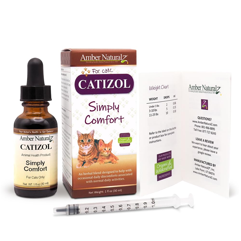 Amber NaturalZ Catizol Simply Comfort Herbal Supplement for Cats | Feline Support for Occasional Discomforts and Normal Body Temperature | 1 Fluid Ounce Glass Bottle | Manufactured in The USA