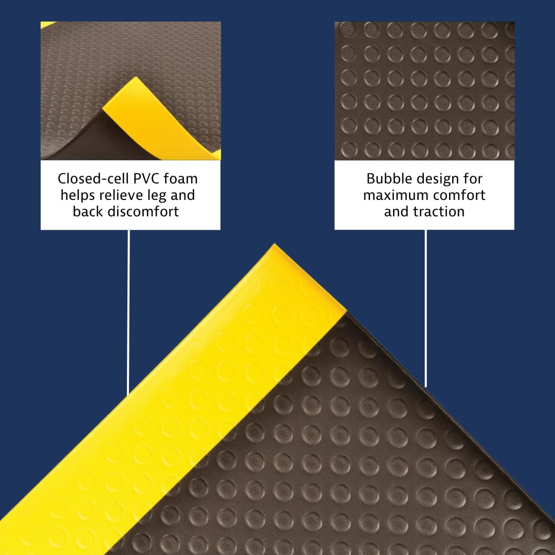 Notrax 417 Bubble Sof-Tred™ with Dyna-Shield® 3' x 12' x 1/2" Anti Fatigue Mat, Slip Resistant Bubble Textured Surface, Ideal for Industrial and Commercial Workplaces, Black/Yellow, 417S0312BY