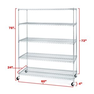 Seville Classics UltraDurable Commercial-Grade 5-Tier NSF-Certified Wire Shelving with Wheels, 60" W x 24" D - Plated Steel