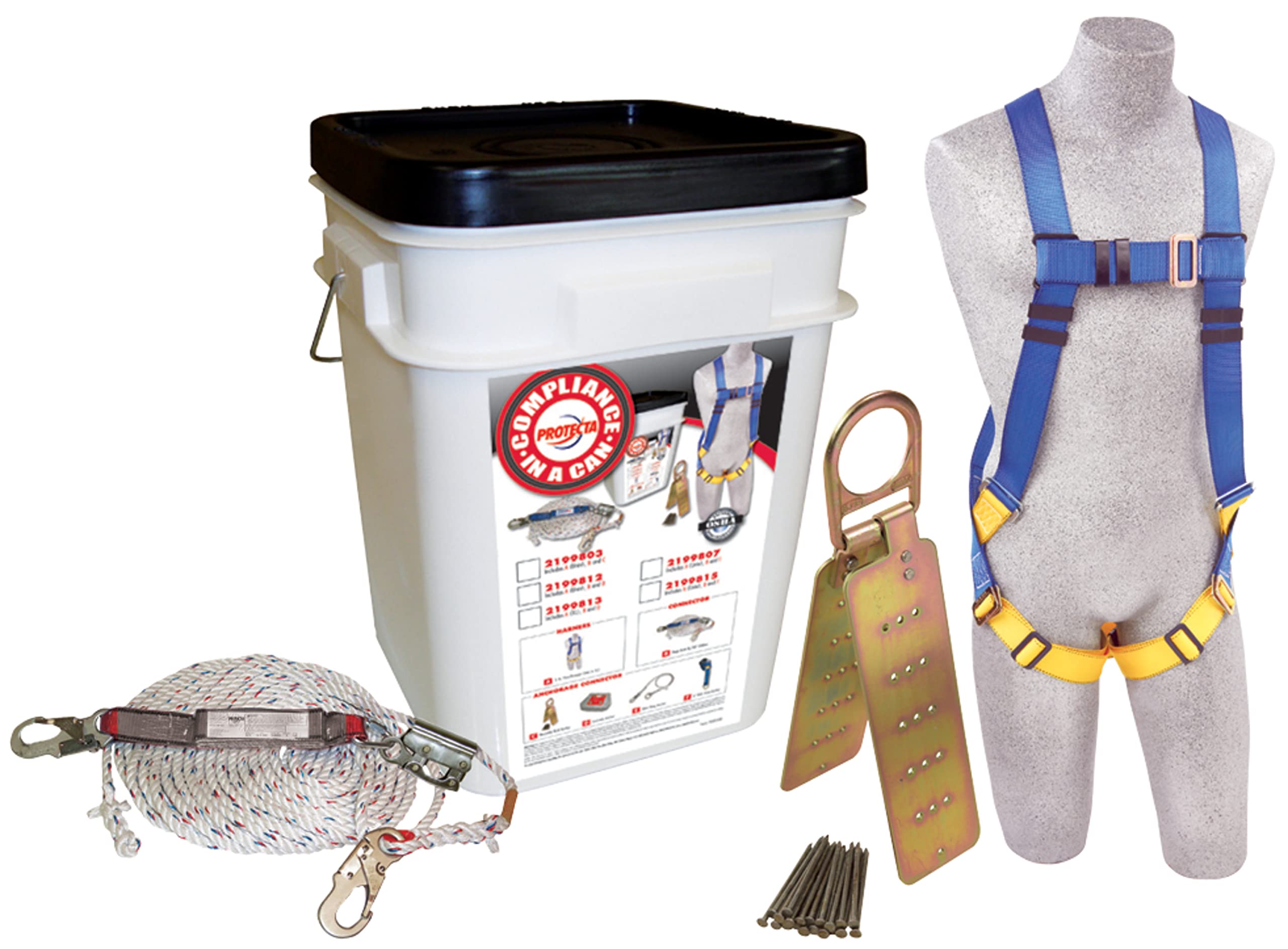 3M Protecta Compliance In A Can, 2199803, Roofers Kit, 5-Point Harness, Reusable Roof Anchor, Rope Grab, 50' Rope Lifeline, White Bucket