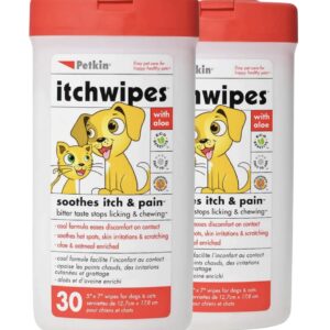 Petkin Anti Itch Wipes for Dogs and Cats - Soothes Hot Spots, Skin Irritations and Scratching - Bitter Taste Stops Licking and Chewing - Super Convenient, Ideal for Home or Travel - 30 Wipes