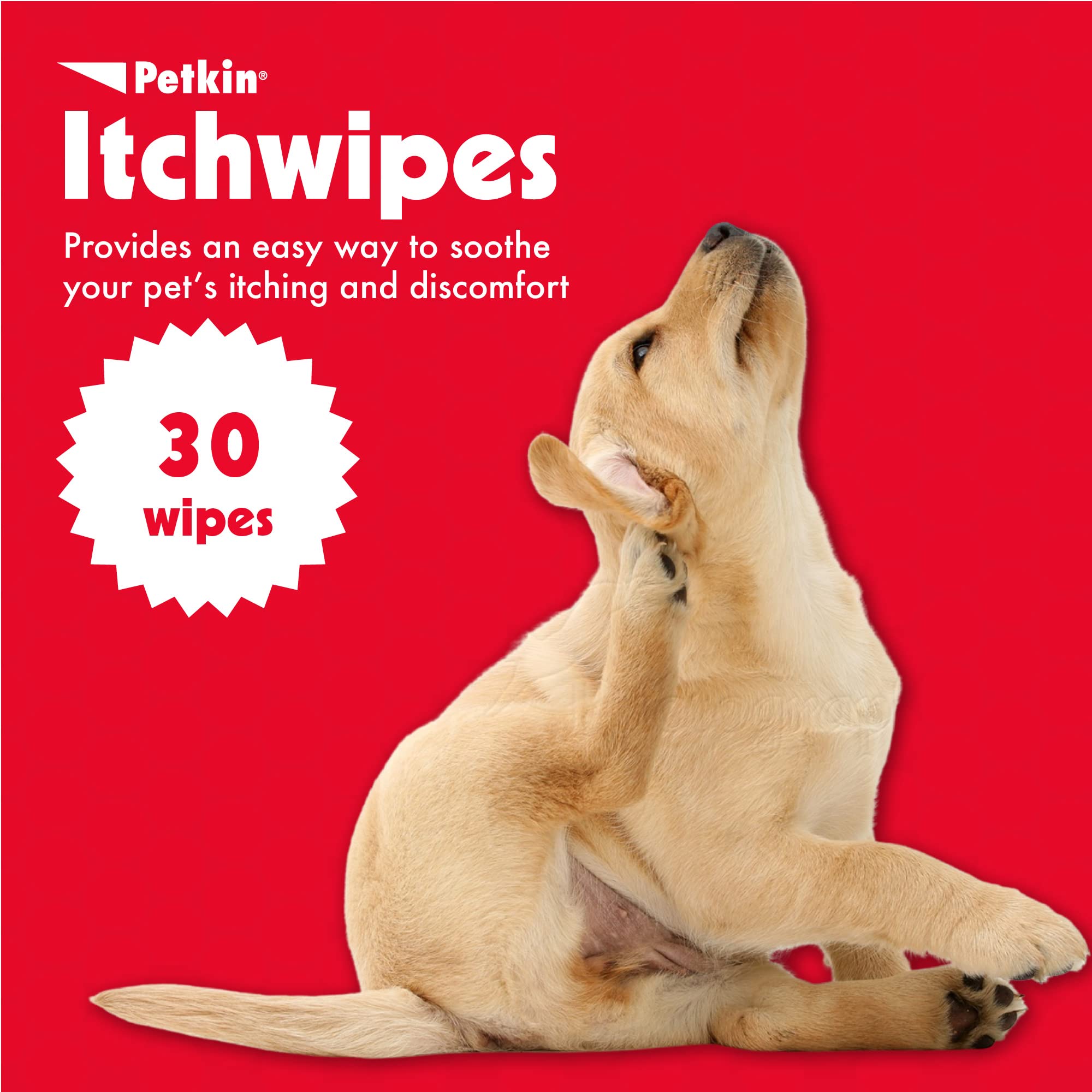 Petkin Anti Itch Wipes for Dogs and Cats - Soothes Hot Spots, Skin Irritations and Scratching - Bitter Taste Stops Licking and Chewing - Super Convenient, Ideal for Home or Travel - 30 Wipes