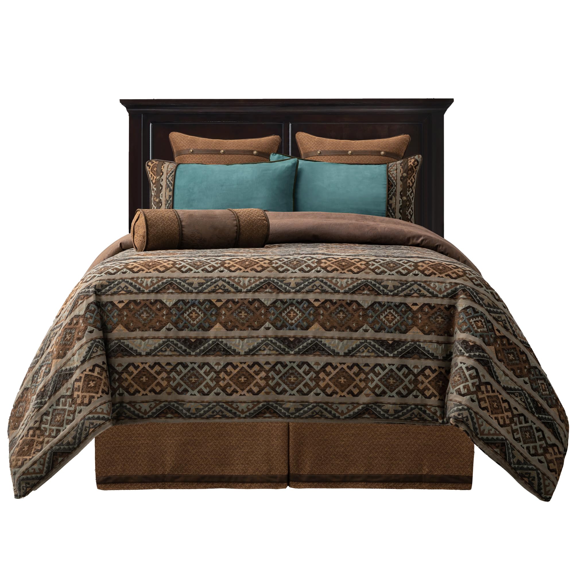 Paseo Road by HiEnd Accents Rio Grande 7 Piece Duvet Cover Set, Super King, Brown Faux Leather, Southwestern Luxury Bedding Set, 1 Duvet, 1 Bed Skirt, 2 Pillow Shams, 2 Euro Shams, 1 Neckroll Pillow