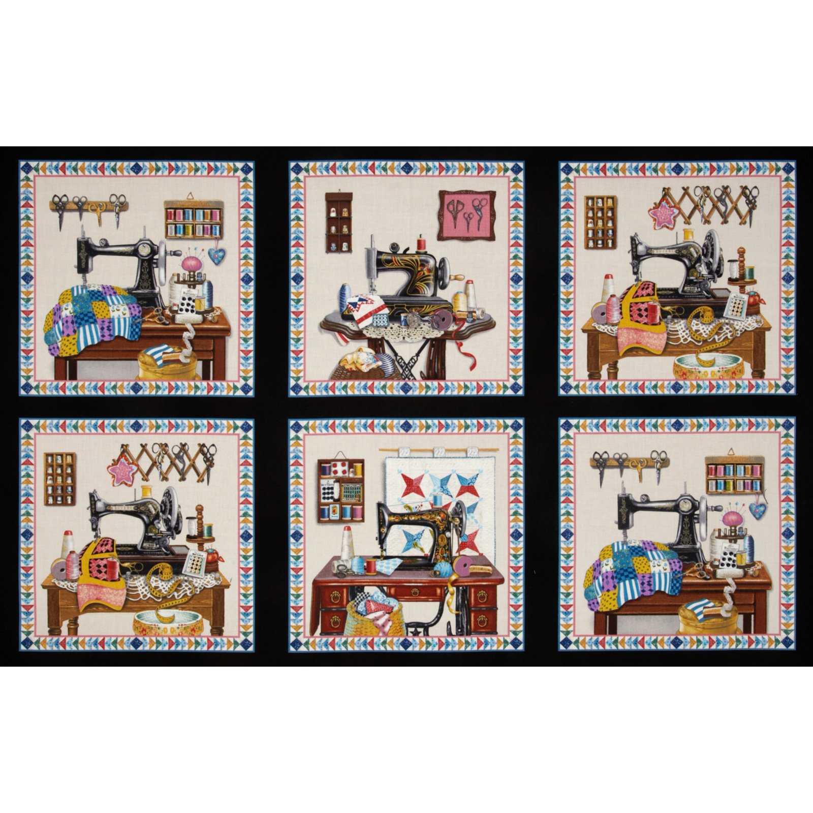 Stitch In Time Sewing Patchwork Panel Black, Fabric by the Yard