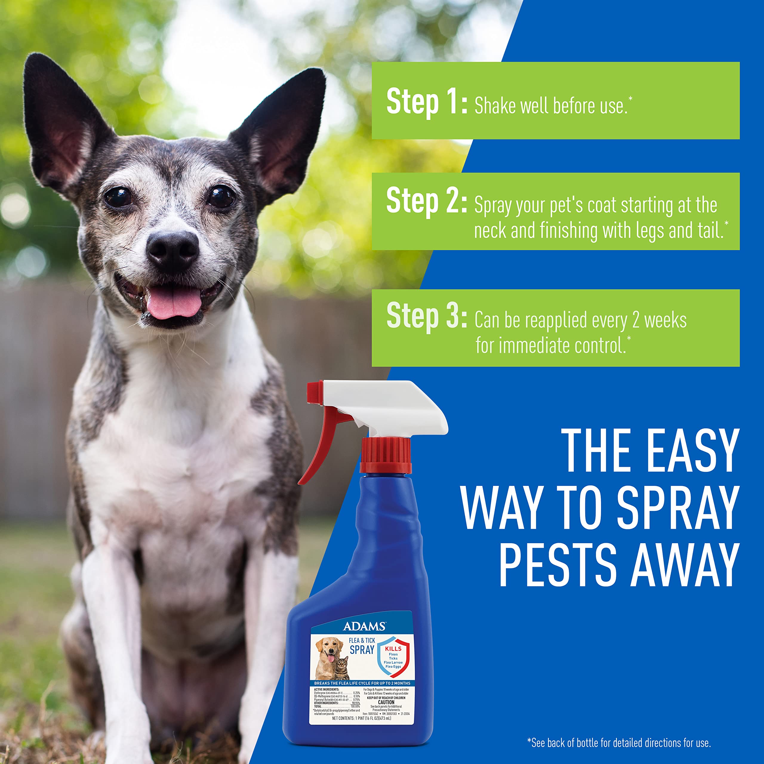 Adams Flea & Tick Spray For Dogs and Cats | Kills Fleas and Ticks Through Contact, Kills Flea Eggs, Flea Larvae, and Prevents Flea Egg Hatch | Controls Flea Reinfestation For Up To 2 Months | 16 Oz