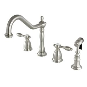 kingston brass ks1798talbs tudor widespread kitchen faucet with brass sprayer, brushed nickel, 8-1/2 inch in spout reach, brushed nickel