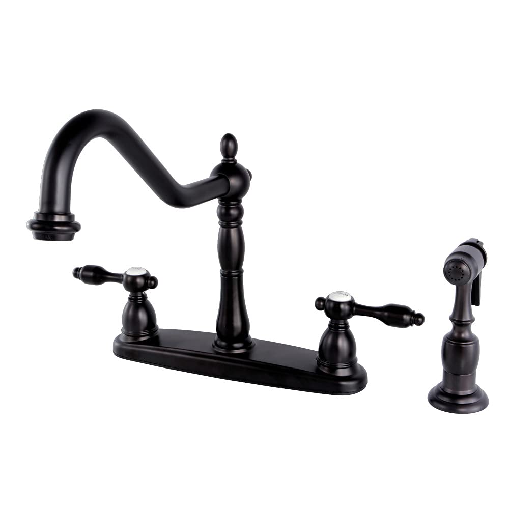 Kingston Brass KB1755TALBS Tudor 8 Inch Center Kitchen Faucet With Brass Sprayer, Oil Rubbed Bronze, 8-5/8 inch in Spout Reach, Oil Rubbed Bronze