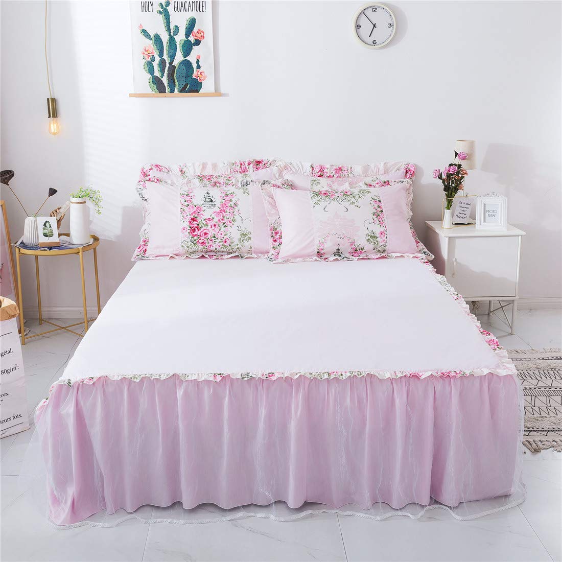 FADFAY Floral Bedskirt Set Lace Bedding Pink Duvet Cover Set Rose Printed 100% Cotton Queen House Bedding Sets for Girls Women (4-Piece, Queen, Pink)