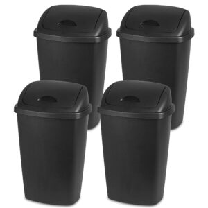 sterilite 13.2 gallon swingtop wastebasket with lid, large plastic trash can for the kitchen and mudroom, black lid and base, 4-pack