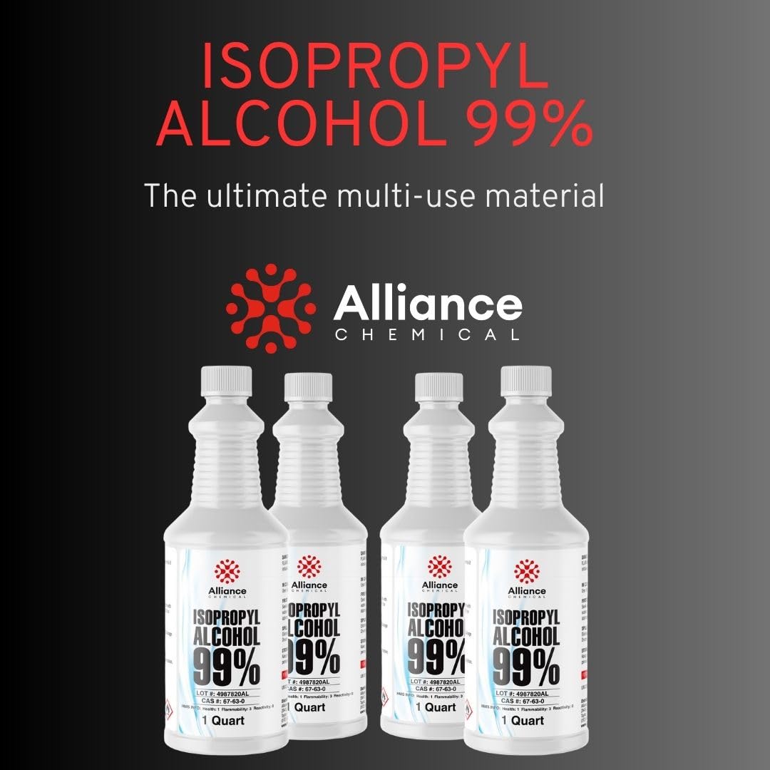 Isopropyl Alcohol 99% - 1 Gallon (4 x 32 FL Oz Bottles) - High-Purity Concentrated Rubbing Alcohol for Effective Cleaning - Quick-Drying, Domestically Sourced IPA