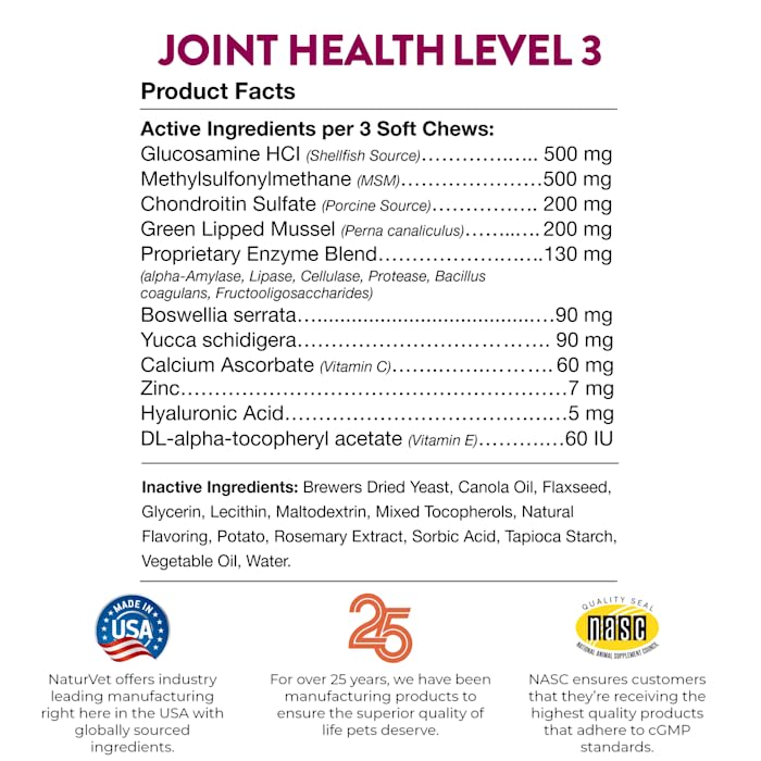 NaturVet Joint Health Level 3 Dog Soft Chew, 15.2 oz., Count of 180, 180 CT