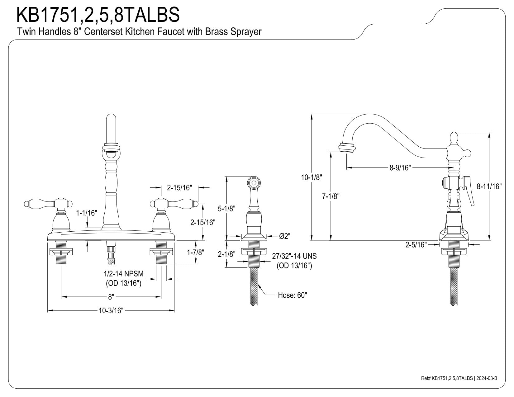 Kingston Brass KB1755TALBS Tudor 8 Inch Center Kitchen Faucet With Brass Sprayer, Oil Rubbed Bronze, 8-5/8 inch in Spout Reach, Oil Rubbed Bronze