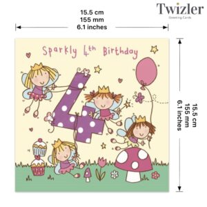 TWIZLER Fairy Princess 4th Birthday Card, 6.1 x 6.1 in, Sparkly Theme, Envelope Included