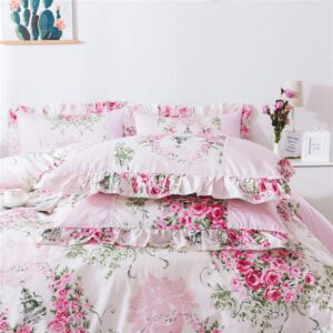 FADFAY Floral Bedskirt Set Lace Bedding Pink Duvet Cover Set Rose Printed 100% Cotton Queen House Bedding Sets for Girls Women (4-Piece, Queen, Pink)