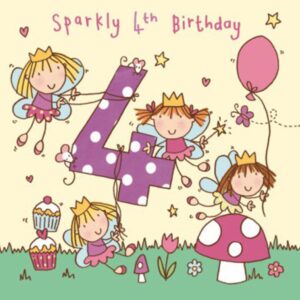 TWIZLER Fairy Princess 4th Birthday Card, 6.1 x 6.1 in, Sparkly Theme, Envelope Included