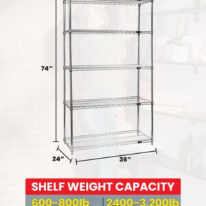 Quantum WR74-2436C-5 Wire Shelving Starter Kit, 36"W x 24"D x 74"H, 600 lbs Capacity, Carbon Steel, Chrome, NSF