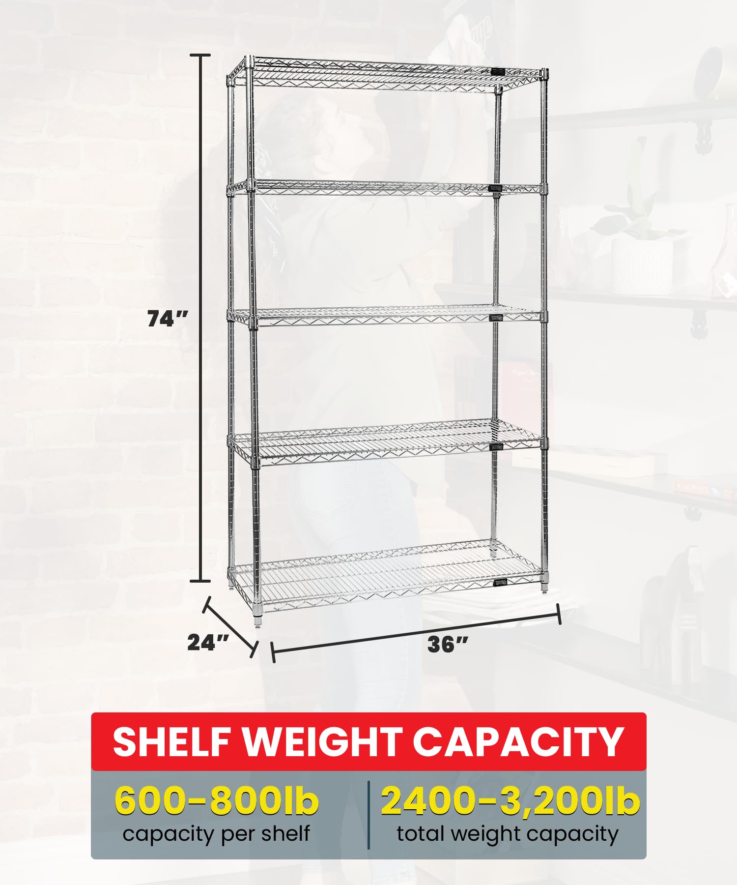 Quantum WR74-2436C-5 Wire Shelving Starter Kit, 36"W x 24"D x 74"H, 600 lbs Capacity, Carbon Steel, Chrome, NSF