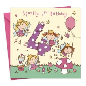 twizler fairy princess 4th birthday card, 6.1 x 6.1 in, sparkly theme, envelope included