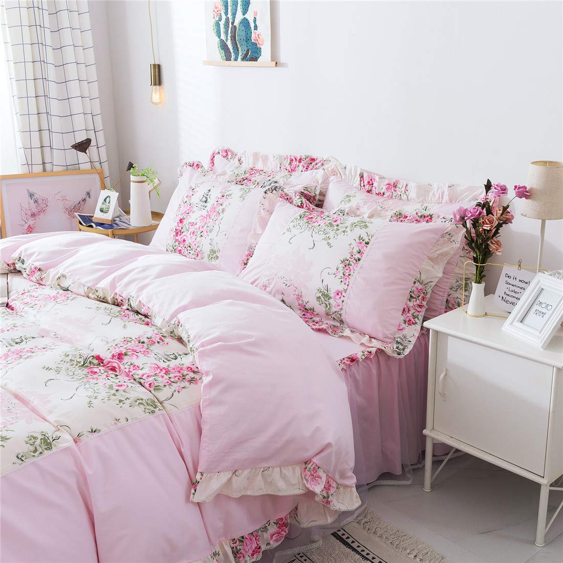 FADFAY Floral Bedskirt Set Lace Bedding Pink Duvet Cover Set Rose Printed 100% Cotton Queen House Bedding Sets for Girls Women (4-Piece, Queen, Pink)