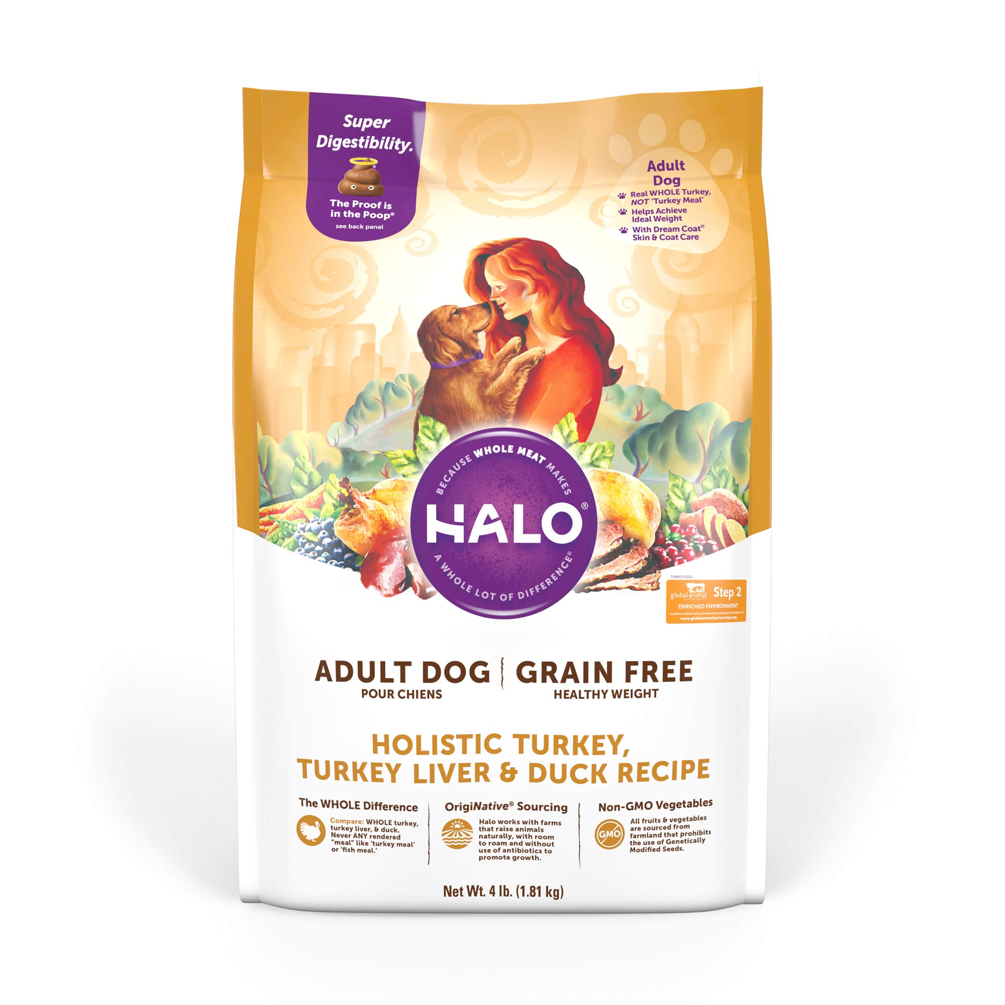 Halo Holistic Dog Food, Grain Free Turkey, Turkey Liver, & Duck, Dry Dog Food Bag, Healthy Weight Adult Formula, 4-lb Bag