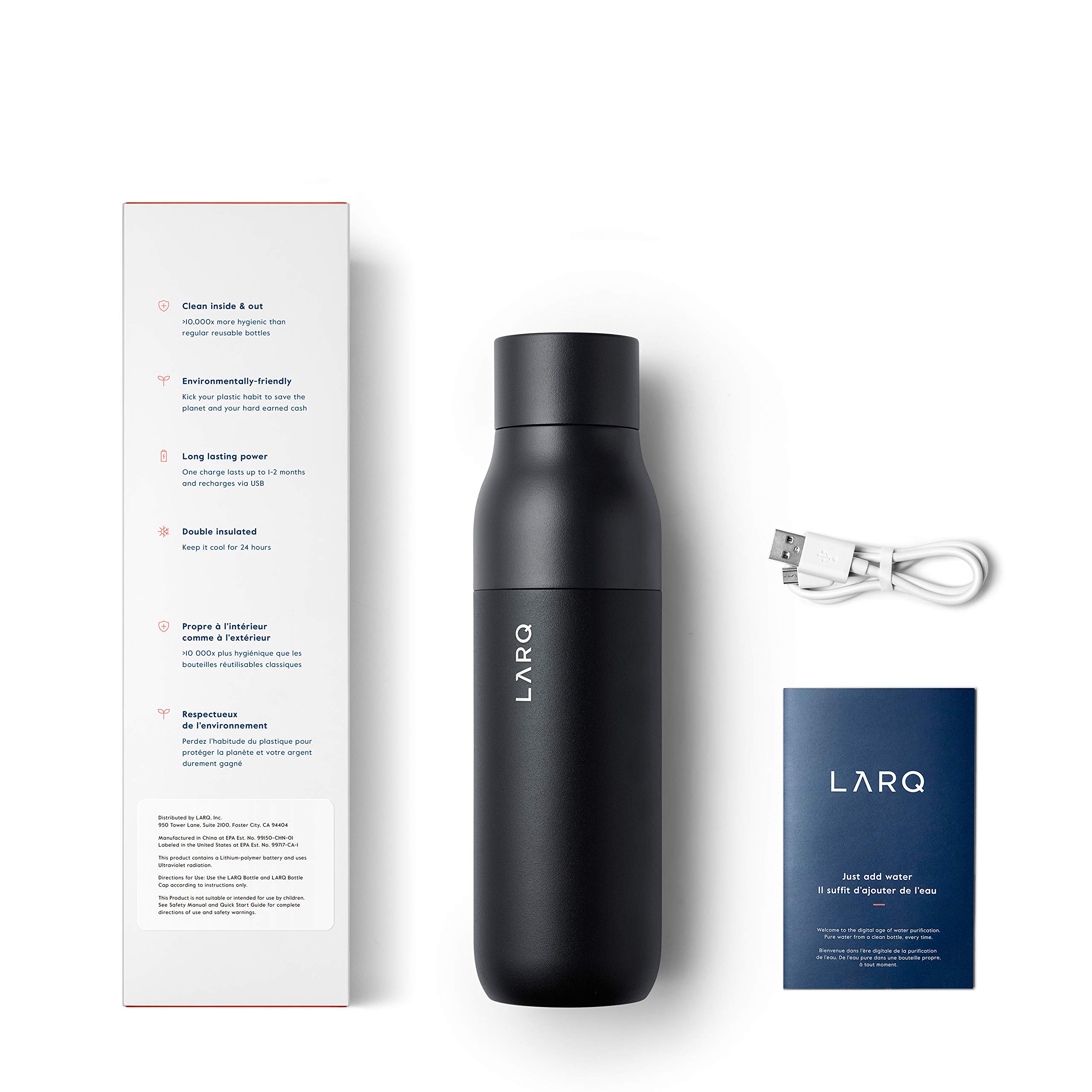 LARQ Bottle PureVis 25 oz - Self-Cleaning and Insulated Stainless Steel Water Bottle with UV Water Purifier and Award-winning Design | Reusable & Travel Friendly, 1-Year Warranty, Obsidian Black