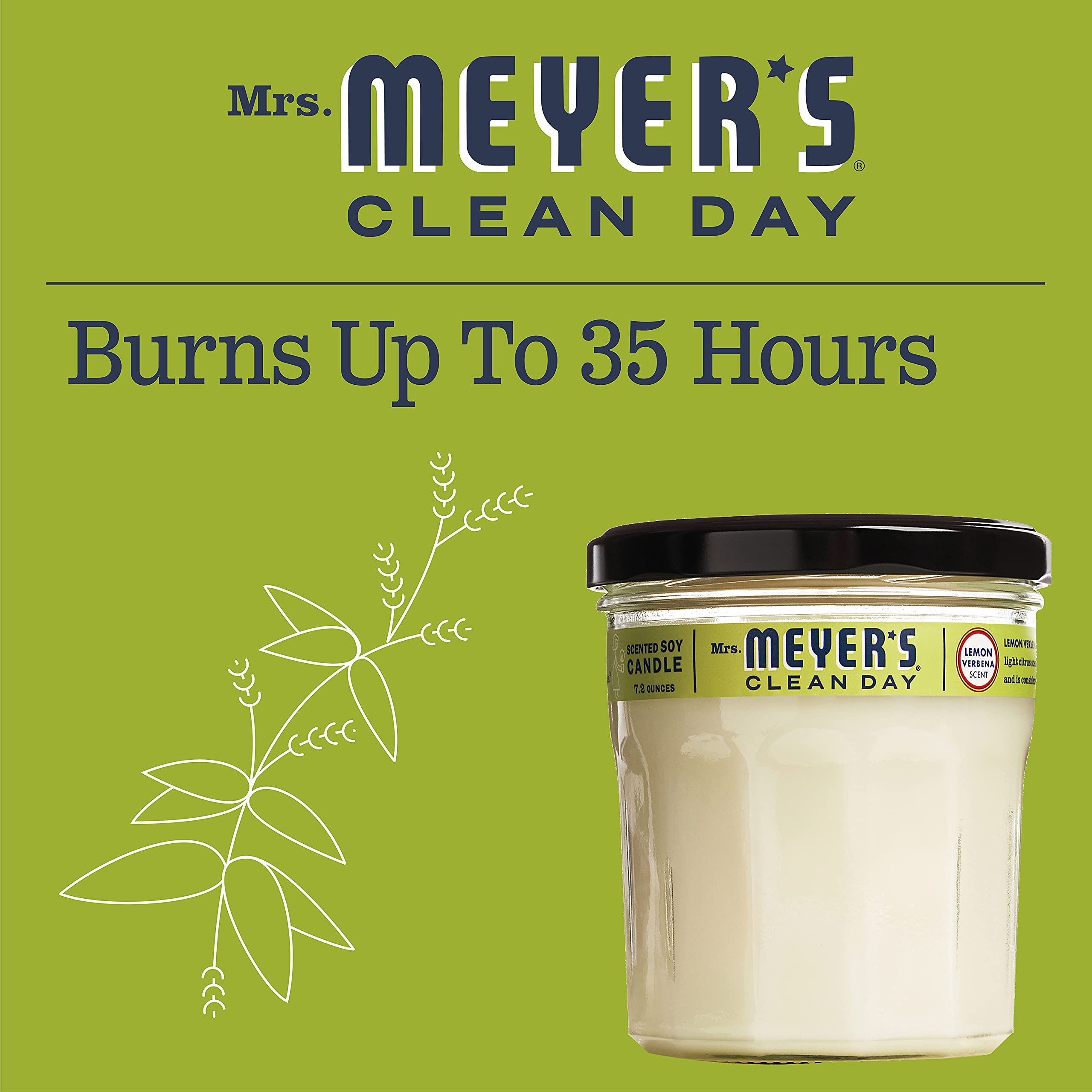 MRS. MEYER'S CLEAN DAY Soy Aromatherapy Candle, 35 Hour Burn Time, Made with Soy Wax and Essential Oils, Lemon Verbena, 7.2 oz