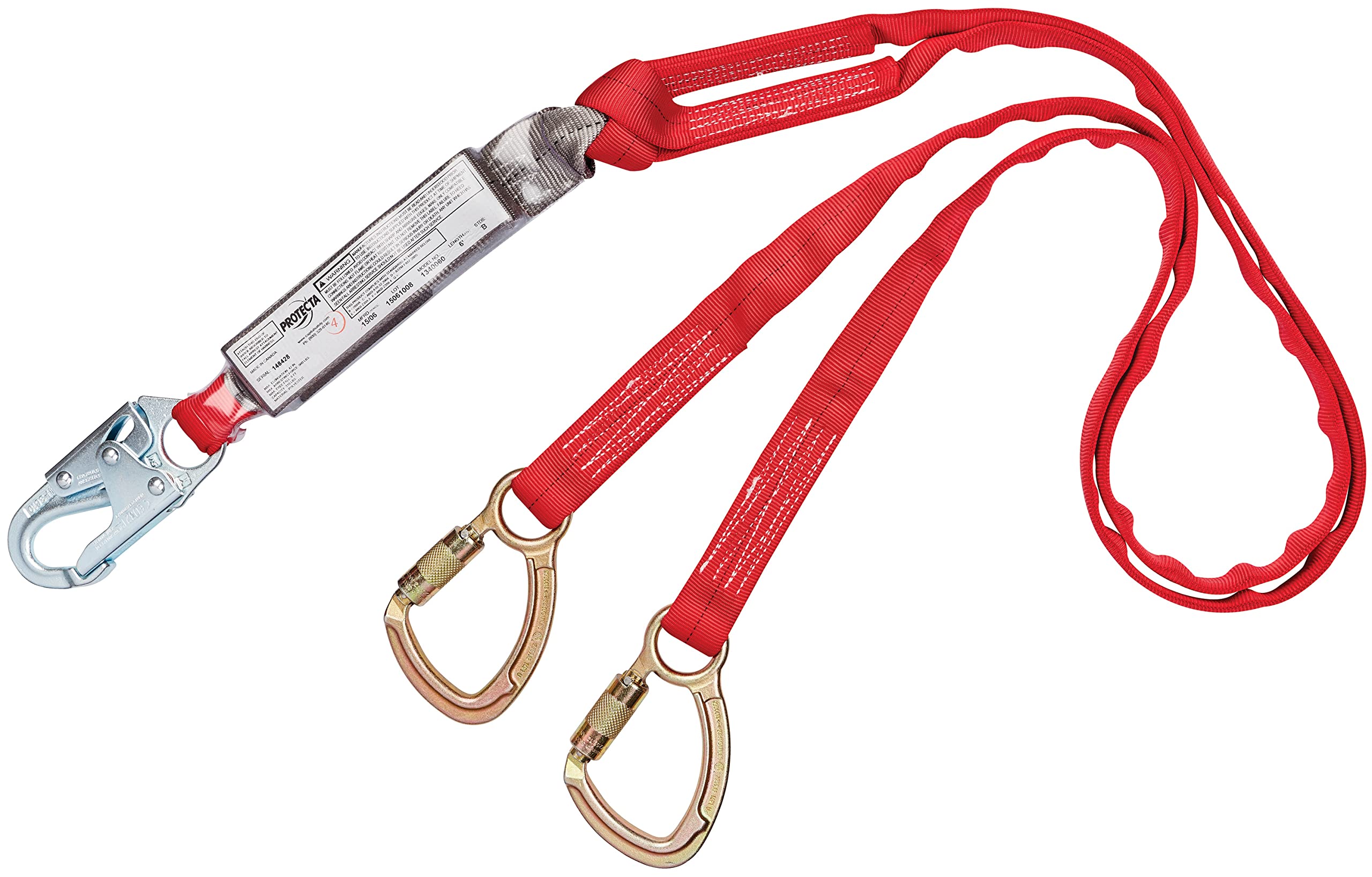 3M Protecta PRO Pack 1340060 6' Tie Back 100 Percent Tie-Off Shock Absorbing Lanyard, Snap Hook At Center, Tie Back Carabiners On Leg Ends, Red/Gray