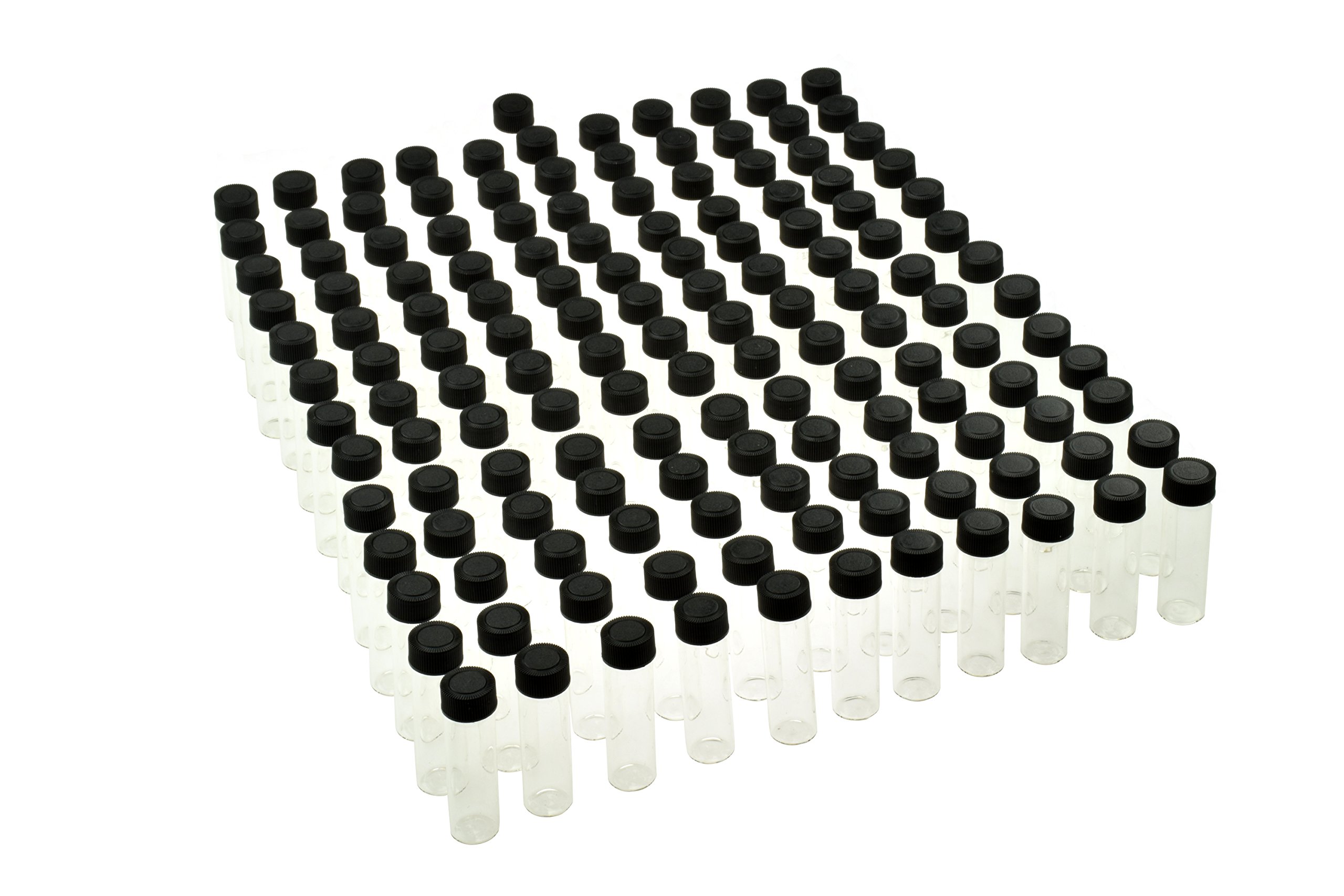 SE Glass Vials, Pack of 144 Leak-Resistant Vials, 2-3/8" x 5/8" Diameter, Clear Transparent glass, Black Plastic Screw Caps, Capacity 7 mL