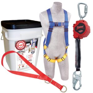 3m protecta compliance in a can, 2199819, roofers kit, full body harness, 6' web tie off adaptor, 8' web rebel self retracting line, white bucket