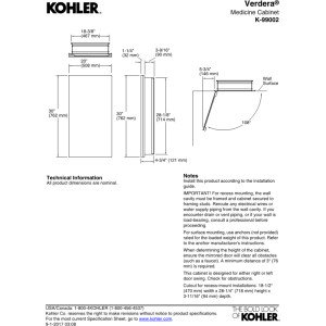 KOHLER 99002-NA Verdera 20" W x 30" H Bathroom Medicine Cabinet with Mirror, Recessed or Surface Wall Mount Bathroom Wall Cabinet