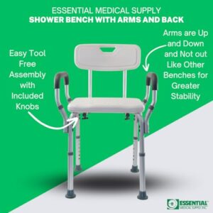 Essential Medical Supply Height Adjustable Shower and Bath Bench with Padded Arms, Contoured Back and Textured Shower Chair Seat - Perfect for The Bath and Shower