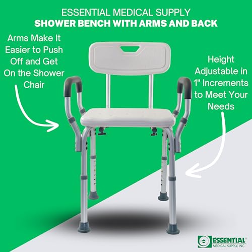 Essential Medical Supply Height Adjustable Shower and Bath Bench with Padded Arms, Contoured Back and Textured Shower Chair Seat - Perfect for The Bath and Shower