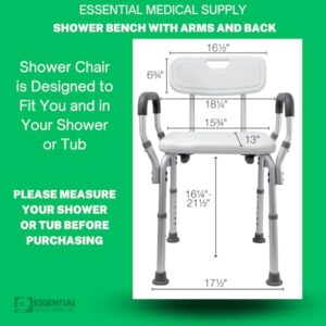 Essential Medical Supply Height Adjustable Shower and Bath Bench with Padded Arms, Contoured Back and Textured Shower Chair Seat - Perfect for The Bath and Shower