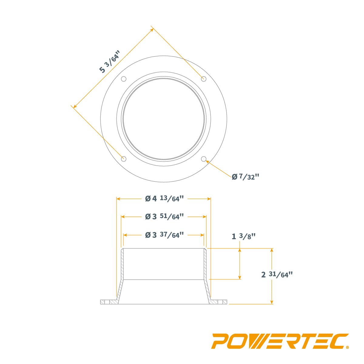 POWERTEC 70126 Inlet Flange, 4 Inch OD Dust Collection Ducting Connector