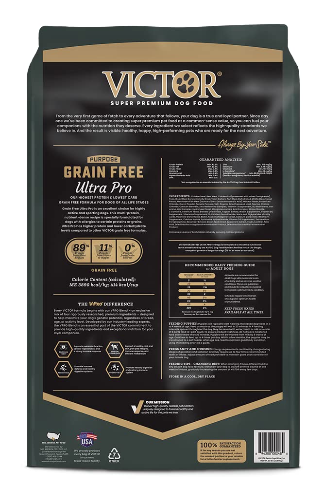 Victor Super Premium Dog Food – Grain Free Ultra Pro Dry Dog Food – High Protein, Low Carb Dog Food for Active Dogs – 42% Protein Dog Food for Sporting Dogs of All Breeds & Sizes, 30 lb