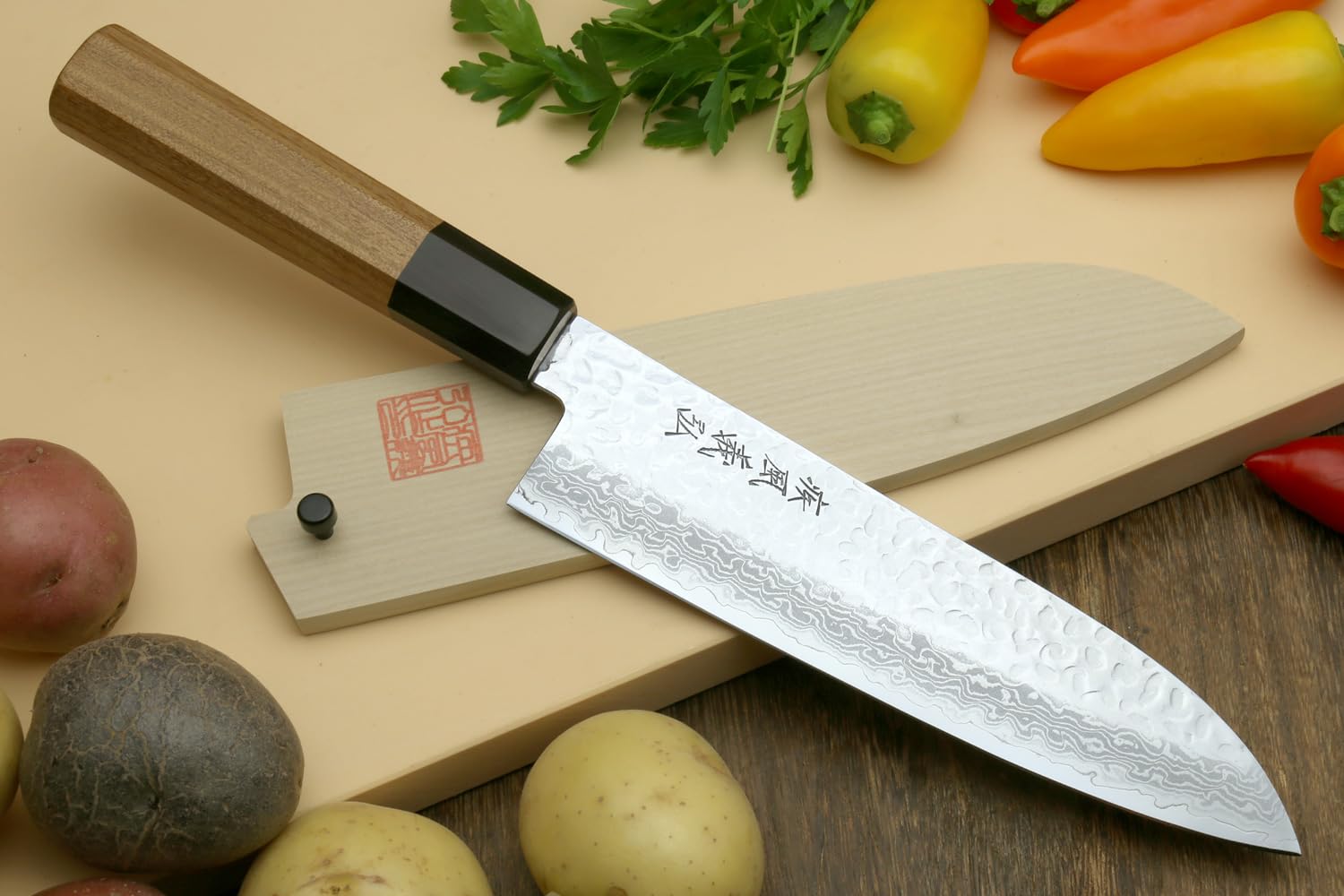 Yoshihiro VG10 46 Layers Hammered Damascus Santoku Japanese Multipurpose Chef Knife (Ambrosia Handle)