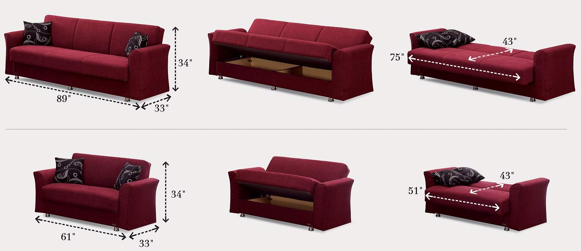 Beyan Signature Empire Furniture USA Ohio Collection Convertible Sofa Bed with Storage Space, Includes 2 Pillows, Burgundy