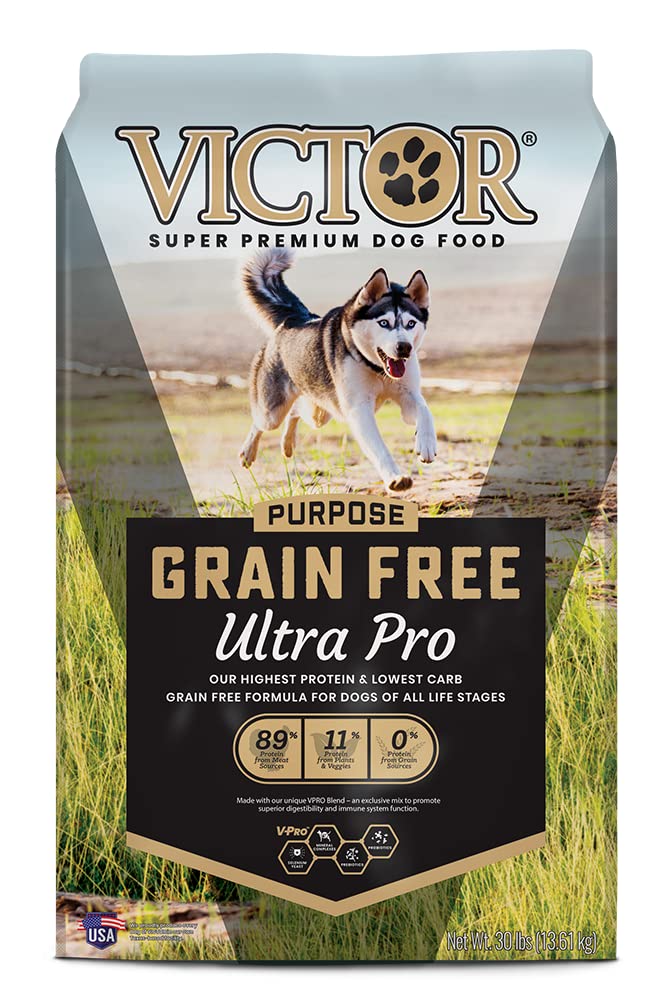 Victor Super Premium Dog Food – Grain Free Ultra Pro Dry Dog Food – High Protein, Low Carb Dog Food for Active Dogs – 42% Protein Dog Food for Sporting Dogs of All Breeds & Sizes, 30 lb