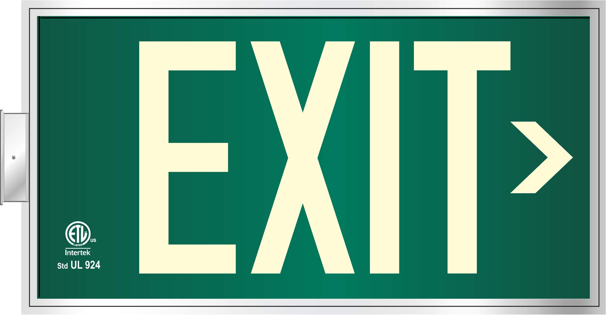 Photoluminescent Exit Sign Green Framed Flag/Ceiling Mount Double Sided. UL 924 Code Approved.