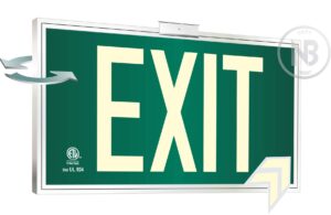 photoluminescent exit sign green framed flag/ceiling mount double sided. ul 924 code approved.