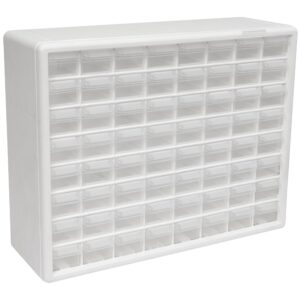 akro-mils 10164 64-drawer plastic drawer storage cabinet for garage organization, bead organizer, lego storage, teacher toolbox, makeup organizer, and more, 20-inch w x 6-inch d x 16-inch h, white