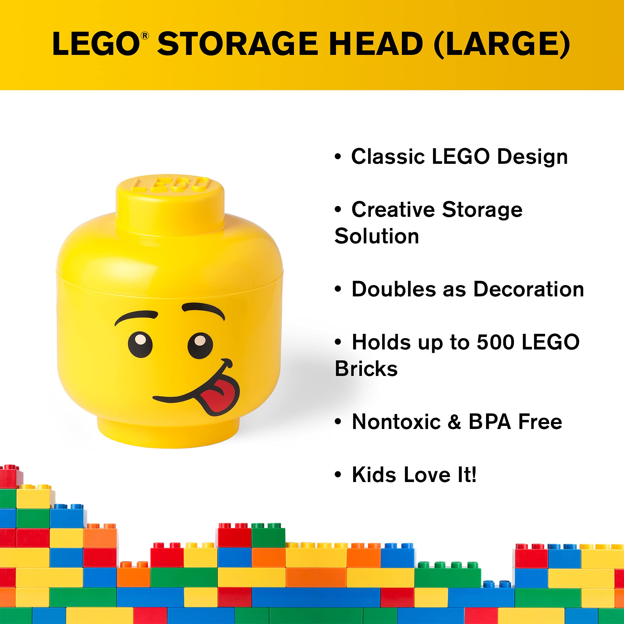 Room Copenhagen, Lego Storage Heads Stackable Storage Container - Buildable Organizational Bins for Kid’s Toys and Accessories - 9.45 x 9.45 x 10.67in - Large, Silly, Holds 500 Bricks