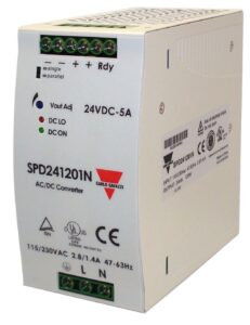 carlo gavazzi spd241201n din rail mount switching power supply, 63.2 mm wide, 90-264 vac or 210-370 vdc supply voltage, adjustable 24 vdc, 5 amp, 120 w output, 86% efficiency, pfc and parallel output function, power ready output, ip20 cover, diagnostic le