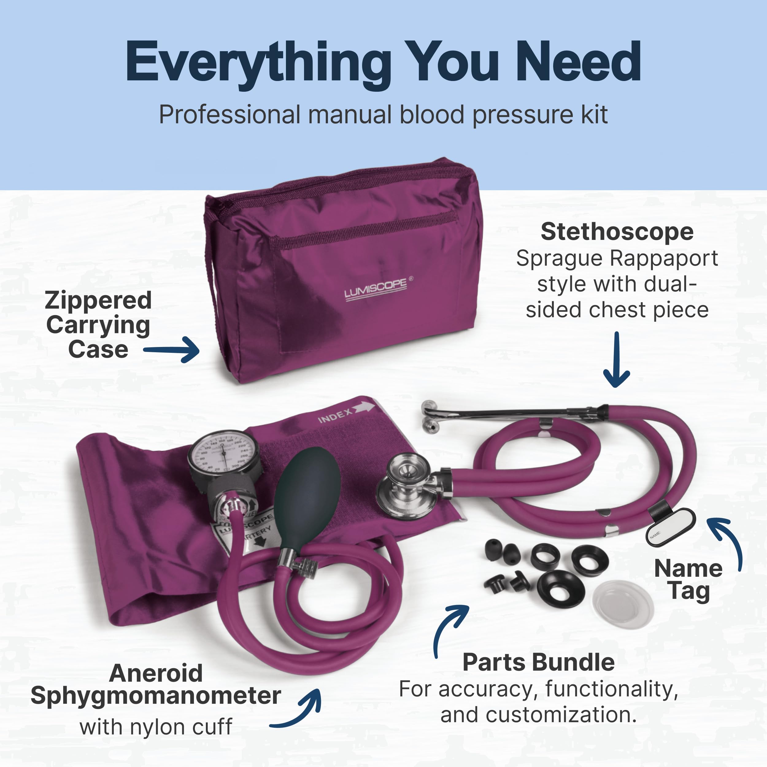 Lumiscope Professional Blood Pressure Kit - Stethoscope, Manual BP Cuff, Sphygmomanometer - Orchid