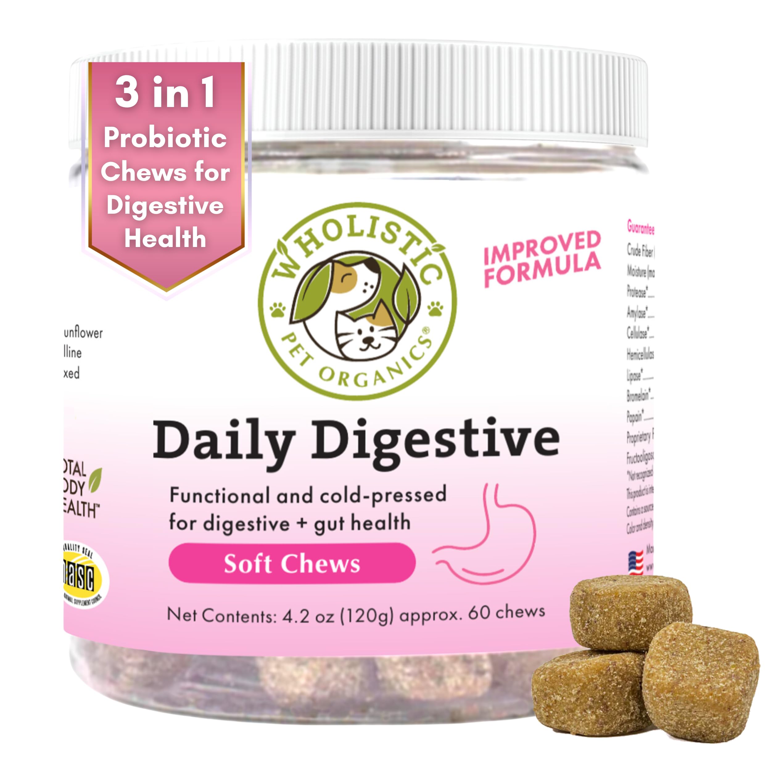 Wholistic Pet Organics: Probiotic Chews for Dogs Digestive Health - 60 Count - Dog Probiotics and Digestive Enzymes - Support Gut Health Immune Supplement Prevents Dog Digestive Problems