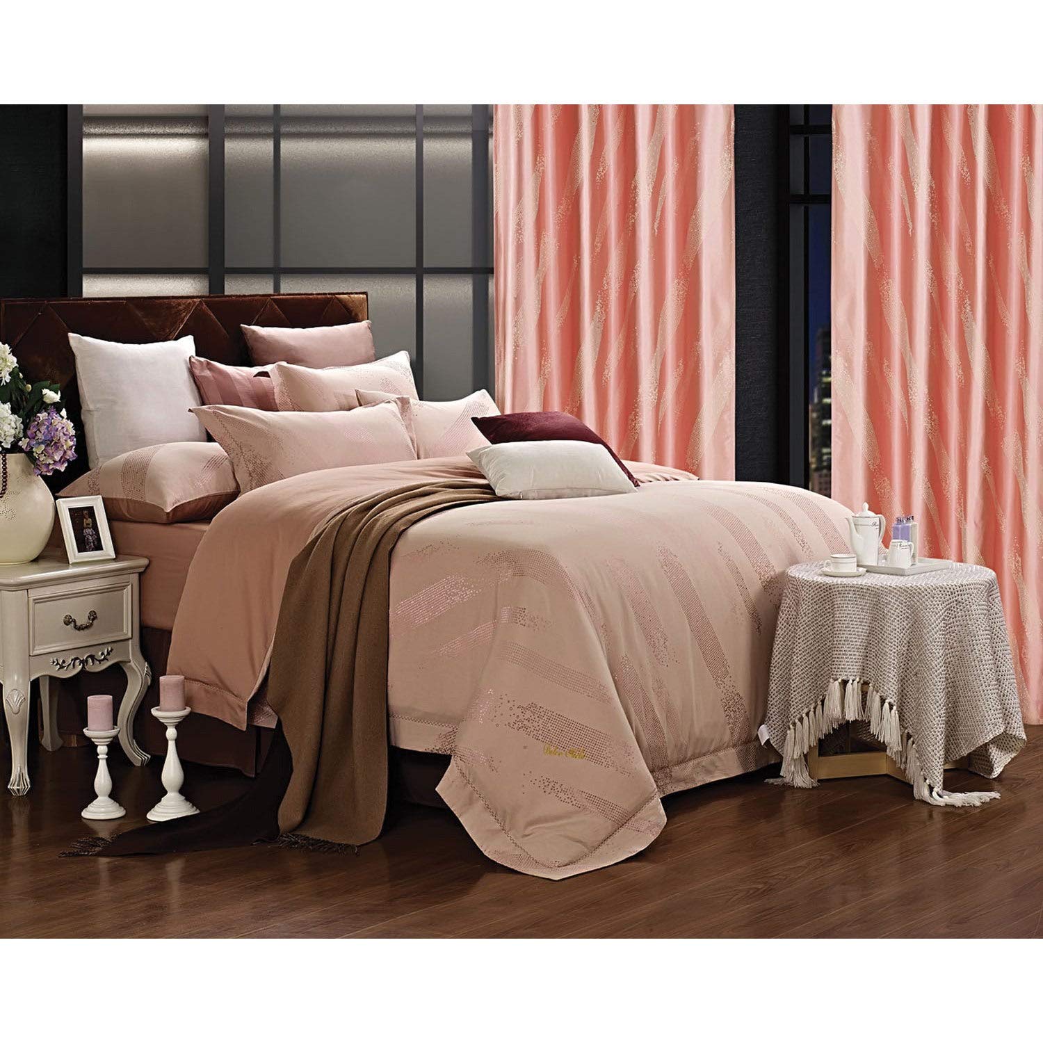 Dolce Mela DM470Q Jacquard Damask Luxury Bedding Duvet Covet Set, Queen, Pink Beige