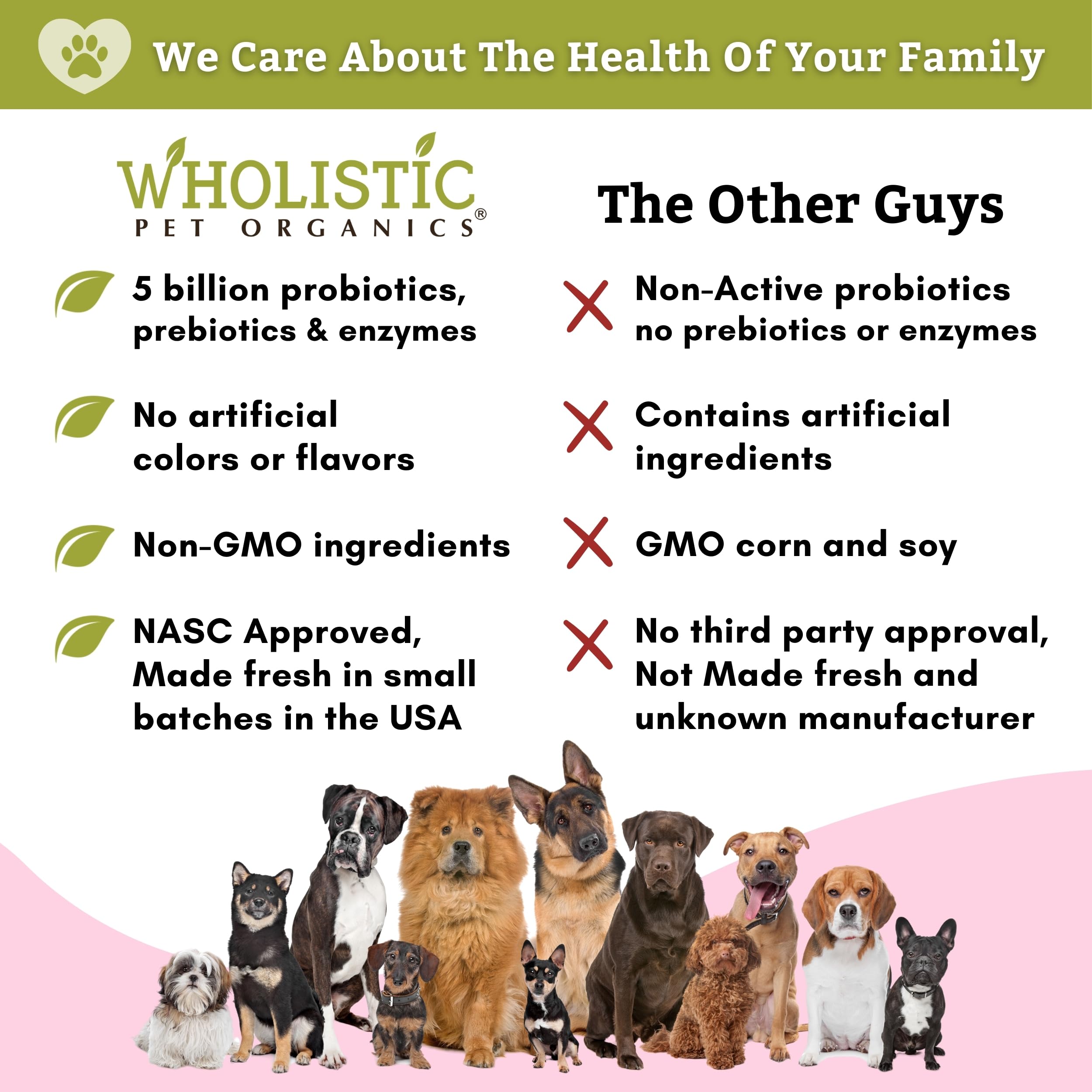 Wholistic Pet Organics: Probiotic Chews for Dogs Digestive Health - 60 Count - Dog Probiotics and Digestive Enzymes - Support Gut Health Immune Supplement Prevents Dog Digestive Problems