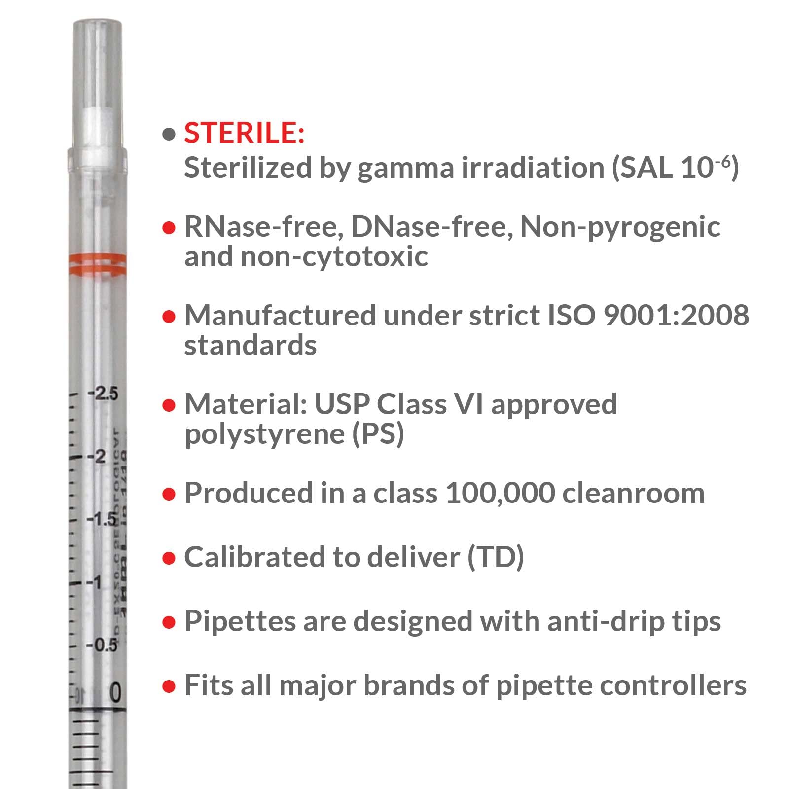 Globe Scientific UniPlast 1770 Polystyrene Serological Pipette with Standard Tip, 10mL Capacity, 297mm Length, Sterile, Orange Striped (Case of 250), Clear