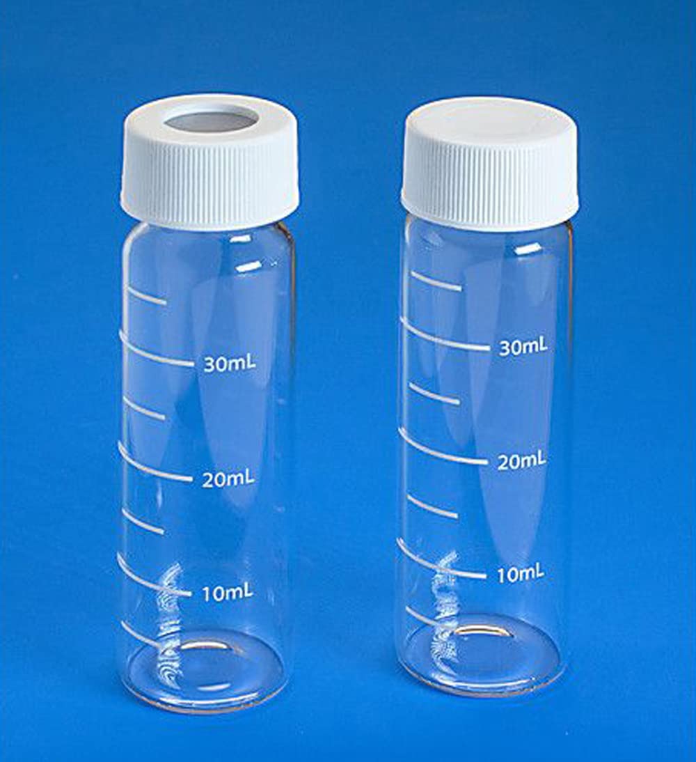 JG Finneran 9-093 Clear Borosilicate Glass Standard VOA Vial with White Polypropylene Open Top Closure and 0.100" PTFE/Silicone Septa, 24-414mm Cap Size, 60mL Capacity (Pack of 72)